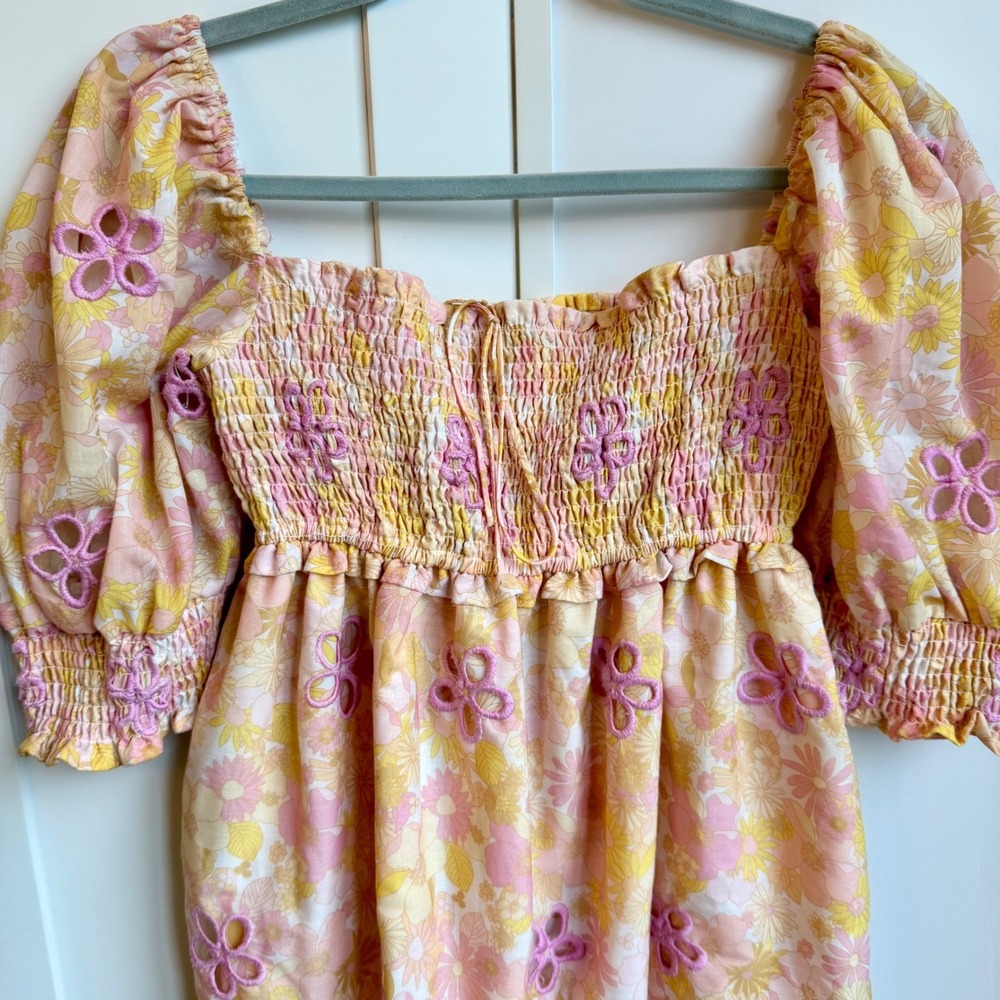 Floral Babydoll Dress Size M Cottagecore Puff Sleeve Smocked‎ Graduation Dress - Picture 6 of 11